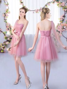 Customized Pink Lace Up Court Dresses for Sweet 16 Appliques and Belt Sleeveless Mini Length