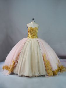Dramatic Pink and Champagne Ball Gowns Beading and Lace and Appliques Quinceanera Dresses Lace Up Sleeveless