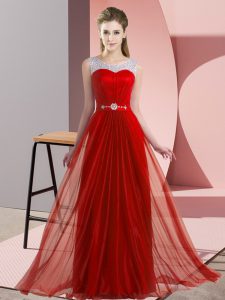 Floor Length Lace Up Court Dresses for Sweet 16 Red for Wedding Party with Beading
