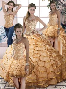 Latest Brush Train Ball Gowns Quinceanera Gowns Gold Sweetheart Organza Sleeveless Lace Up