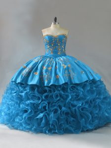 Nice Blue Ball Gowns Sweetheart Sleeveless Fabric With Rolling Flowers Brush Train Lace Up Embroidery and Ruffles Quinceanera Gowns