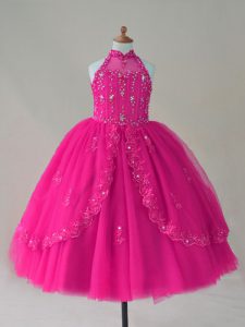 Fuchsia Girls Pageant Dresses Wedding Party with Beading and Appliques High-neck Sleeveless Lace Up