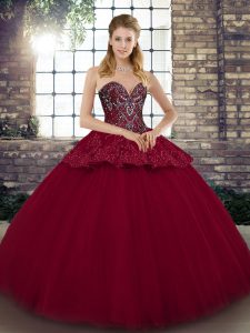 Pretty Burgundy Sleeveless Floor Length Beading and Appliques Lace Up Sweet 16 Dresses