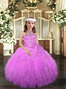 Trendy Floor Length Lilac Girls Pageant Dresses Halter Top Sleeveless Lace Up