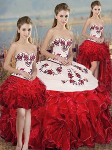 Sweet White And Red Sweet 16 Dress Military Ball and Sweet 16 and Quinceanera with Embroidery and Ruffles and Bowknot Sweetheart Sleeveless Lace Up