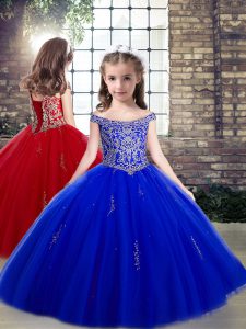 Royal Blue Tulle Lace Up Off The Shoulder Sleeveless Floor Length Kids Formal Wear Beading and Appliques