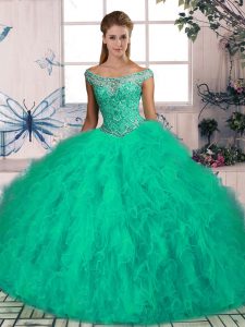 Traditional Turquoise Sleeveless Brush Train Beading and Ruffles 15th Birthday Dress