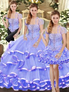 Clearance Lavender Sleeveless Floor Length Beading and Ruffled Layers Lace Up Sweet 16 Dress