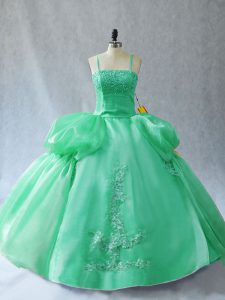 Shining Green Organza Lace Up Straps Sleeveless Floor Length 15th Birthday Dress Appliques