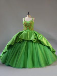 Lace Up Sweet 16 Dress Green for Sweet 16 and Quinceanera with Beading and Embroidery and Pick Ups Court Train