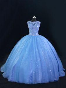 Custom Design Blue Scoop Neckline Beading Sweet 16 Dress Sleeveless Lace Up