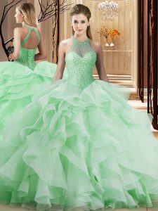 Apple Green Halter Top Neckline Beading and Ruffles Military Ball Gown Sleeveless Lace Up