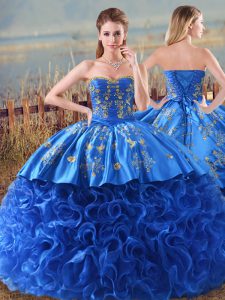 Sweetheart Sleeveless Brush Train Lace Up Quinceanera Dresses Royal Blue Fabric With Rolling Flowers