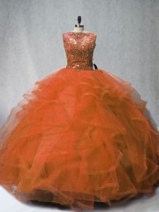 Vintage Brush Train Ball Gowns Quinceanera Dress Rust Red Tulle Sleeveless Lace Up