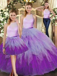 Beautiful Sleeveless Organza Floor Length Backless Quinceanera Gowns in Multi-color with Ruffles
