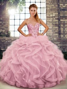 Luxury Pink Lace Up Sweetheart Beading and Ruffles Quince Ball Gowns Tulle Sleeveless