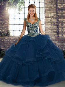 Suitable Straps Sleeveless Tulle 15th Birthday Dress Beading and Ruffles Lace Up