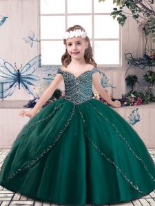 Floor Length Lace Up Kids Formal Wear Dark Green for Military Ball and Wedding Party with Beading