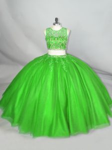 Glittering Floor Length Green Quinceanera Dress Tulle Sleeveless Beading and Appliques
