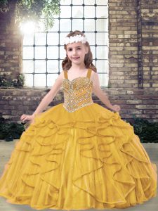 Gold Lace Up Straps Beading and Ruffles Little Girl Pageant Gowns Tulle Sleeveless