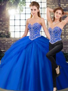 Admirable Sweetheart Sleeveless Brush Train Lace Up Quince Ball Gowns Royal Blue Tulle