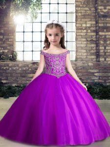 Purple Sleeveless Beading Floor Length Little Girl Pageant Dress