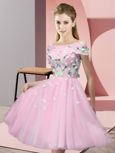 Baby Pink Tulle Lace Up Off The Shoulder Short Sleeves Knee Length Quinceanera Dama Dress Appliques