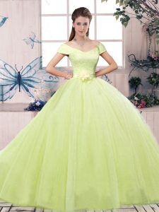 Yellow Green Quinceanera Dress Military Ball and Sweet 16 and Quinceanera with Lace and Hand Made Flower Off The Shoulder Short Sleeves Lace Up