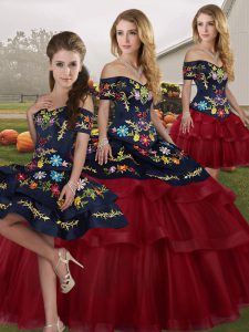 Admirable Sleeveless Embroidery and Ruffled Layers Lace Up Quinceanera Dress with Wine Red Brush Train
