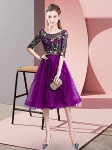 Suitable Purple Half Sleeves Tulle Lace Up Damas Dress for Wedding Party