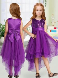 Purple Zipper Kids Formal Wear Sequins and Bowknot Sleeveless High Low
