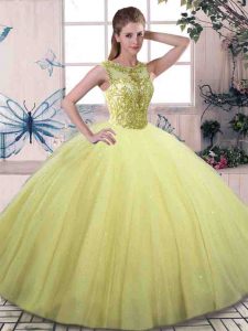 Traditional Tulle Scoop Sleeveless Lace Up Beading Ball Gown Prom Dress in Yellow Green