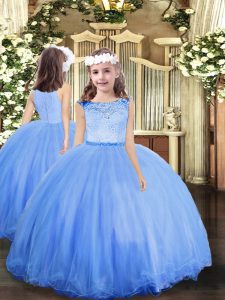 Sweet Floor Length Zipper Little Girls Pageant Dress Wholesale Blue for Party and Sweet 16 and Wedding Party with Lace