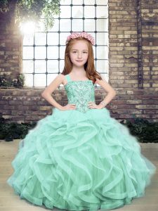 Apple Green Tulle Lace Up Child Pageant Dress Sleeveless Floor Length Beading and Ruffles