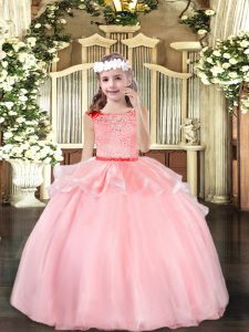 Stylish Baby Pink Organza Zipper Little Girls Pageant Gowns Sleeveless Floor Length Beading