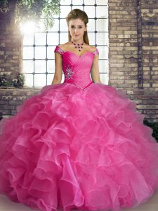 Affordable Rose Pink Lace Up Off The Shoulder Beading and Ruffles 15 Quinceanera Dress Organza Sleeveless