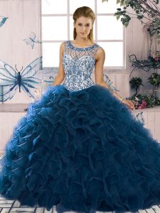 Navy Blue Lace Up Scoop Beading and Ruffles Sweet 16 Dresses Organza Sleeveless