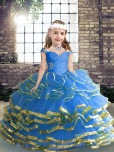 Beautiful Floor Length Lace Up Pageant Dress for Girls Blue for Party and Wedding Party with Beading and Ruffled Layers and Ruching