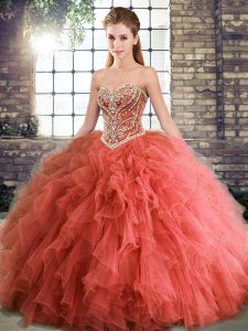 Hot Selling Coral Red Sweetheart Lace Up Beading and Ruffles Ball Gown Prom Dress Sleeveless