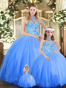 Trendy Blue Ball Gowns Embroidery Ball Gown Prom Dress Lace Up Tulle Sleeveless Floor Length