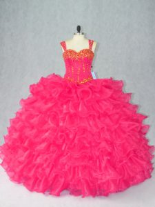 Straps Sleeveless Lace Up 15th Birthday Dress Red Organza