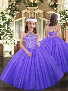 Floor Length Lavender Pageant Gowns For Girls Tulle Sleeveless Beading and Ruffles