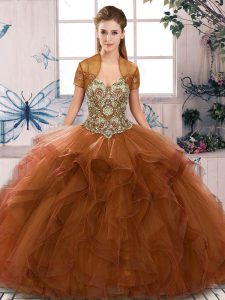 Tulle Off The Shoulder Sleeveless Lace Up Beading and Ruffles Vestidos de Quinceanera in Brown
