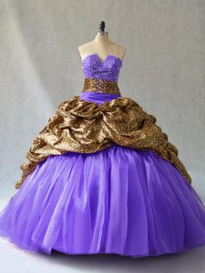 Flare Lavender Ball Gowns V-neck Sleeveless Organza and Printed Brush Train Lace Up Beading and Pick Ups Vestidos de Quinceanera