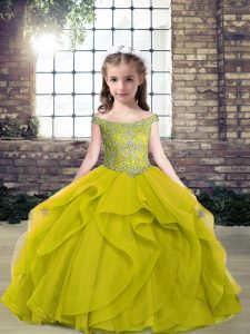Adorable Olive Green Ball Gowns Off The Shoulder Sleeveless Tulle Floor Length Lace Up Beading Child Pageant Dress