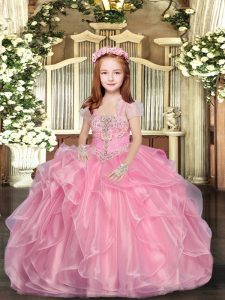 Baby Pink Sleeveless Organza Lace Up Pageant Gowns For Girls for Party and Wedding Party