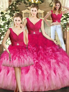Extravagant V-neck Sleeveless Lace Up Quinceanera Gown Multi-color Tulle