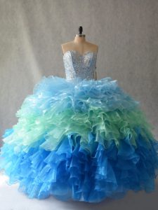 Multi-color Ball Gowns Sweetheart Sleeveless Organza Floor Length Lace Up Beading and Ruffles Quince Ball Gowns