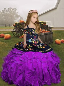 Eggplant Purple and Purple Sleeveless Floor Length Embroidery and Ruffles Lace Up Kids Formal Wear