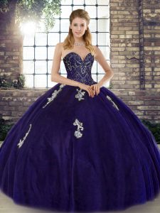 Sexy Purple Ball Gowns Sweetheart Sleeveless Tulle Floor Length Lace Up Beading and Appliques Quinceanera Dresses